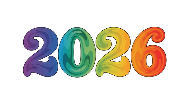 The year 2026 depicted in vibrant, rainbowcolored balloonlike font, isolated on, suggesting celebration, joy, and festive future