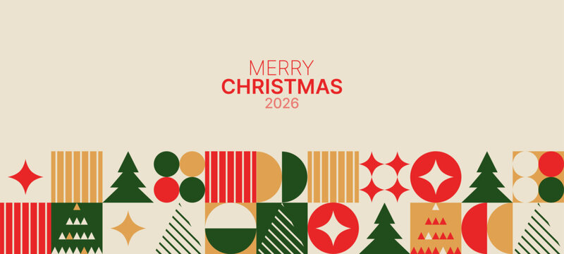 Merry Christmas 2026 geometric pattern holiday background with abstract shapes, christmas tree, and star for winter celebration.