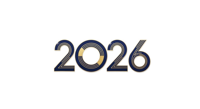 The year 2026 displayed in modern, stylized font with dark blue and gold metallic texture