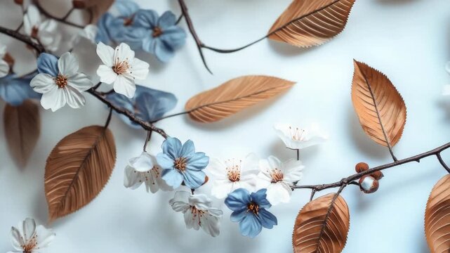 A decorative arrangement of fall leaves and flowers in shades of blue, white, and gold.