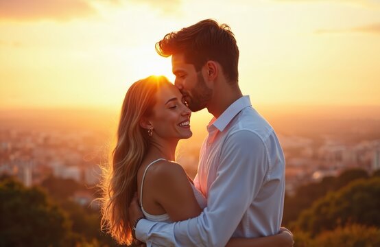 Young couple hug at sunset on a hill. Man kisses woman forehead. They share a romantic moment with a city background. Happy lovers enjoy golden hour light and nature. Love, bonding, intimacy. Dating.