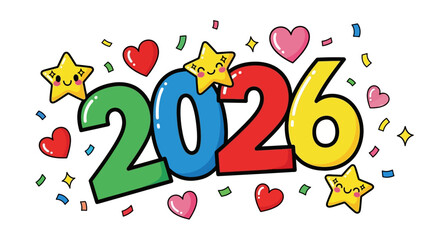 The year 2026 in colorful, cartoonstyle numbers with cute smiling stars and hearts, surrounded by confetti, isolated on