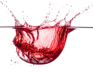 A dynamic view shows a vibrant red liquid, creating a splash as it impacts a surface, isolated