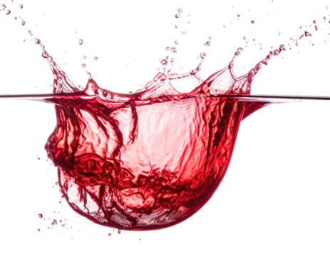 A dynamic view shows a vibrant red liquid, creating a splash as it impacts a surface, isolated