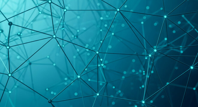 Abstract teal network structure with interconnected nodes, symbolizing connection, communication, or technology, ideal for digital or scientific concepts