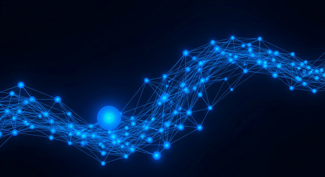 Abstract blue glowing network, nodes and lines forming a wave-like structure on dark background, showcasing connectivity and technology concept, ideal for website banner or presentation