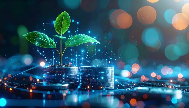 Digital Growth - Plant Growing from Coins with Technology Overlay.