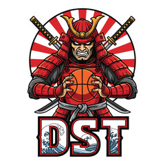 Fierce samurai warrior in traditional armor holding a basketball with katana swords and rising sun background