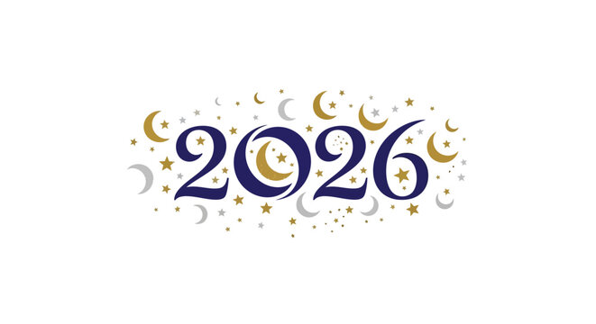 Elegant 2026 text with crescent moons and stars - Powered by Adobe
