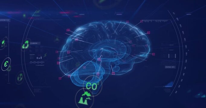 HUD pulse activating nodes, blue brain hologram rotating, linking icons, mapping environmental data