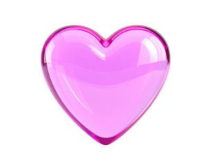 A glossy, transparent, pink heart shape isolated against a stark black background (1)