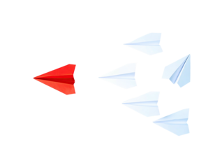 A group of paper airplanes, one red leading several white ones on black background