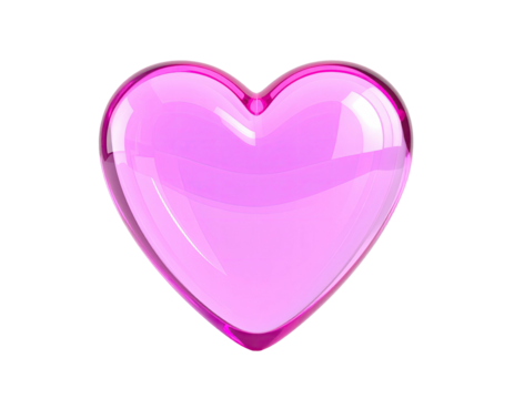 A glossy, transparent, pink heart shape isolated against a stark black background (1)
