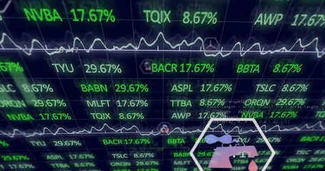 Financial grid moving forward after percentage spike, panning and floating icons to visualize trend - Powered by Adobe