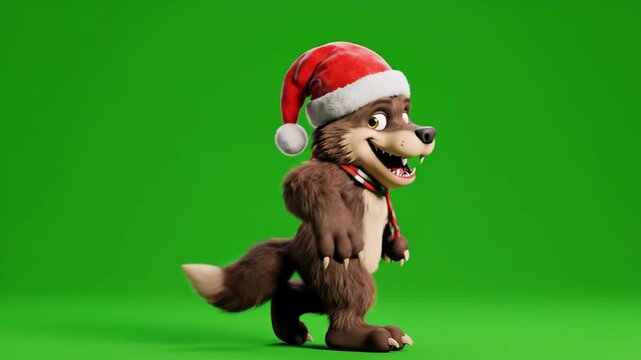 Cute 3D Animated Wolf Character Wearing Santa Hat and Christmas Scarf Smiling and Walking on Green Screen Background for Easy Compositing.