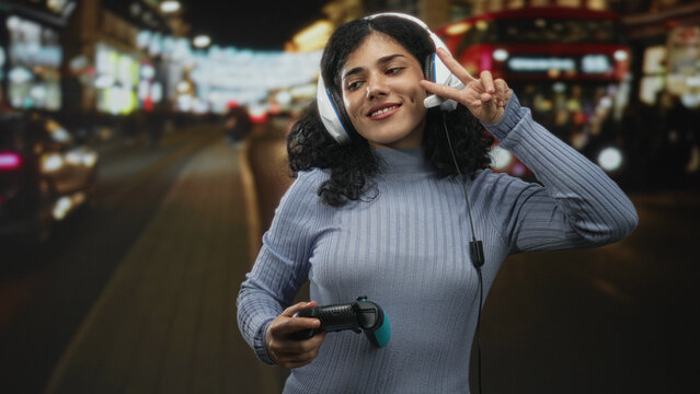 Young brunette woman wearing headset holding game controller and flashing peace sign on a busy city street; playful gaming.