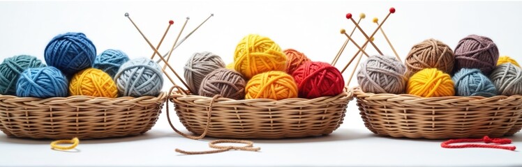 Three wicker baskets contain many colorful yarn balls, knitting needles. Assorted wool threads for creative craft hobby projects sit on white background. Different natural fiber materials ready for