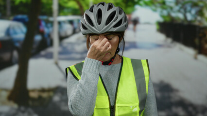 Senior woman wearing helmet and safety vest looking stressed on city street with blurred cars and trees in background, highlighting urban cycling safety and emotion.