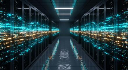 Dark server room, rows of racks, illuminated by teal and gold data streams, reflecting on polished floor, showcasing technological advancement and digital flow