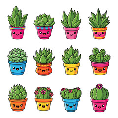 Collection of cute kawaii potted succulents and cacti with smiling faces in colorful decorative pots