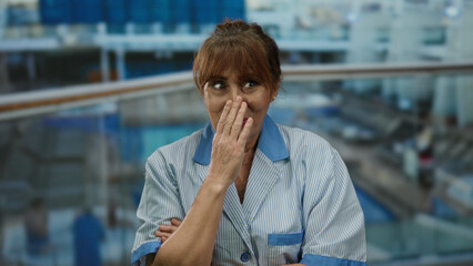 Woman cleaner on cruise ship looks surprised, wearing uniform, standing outdoors on boat deck,...