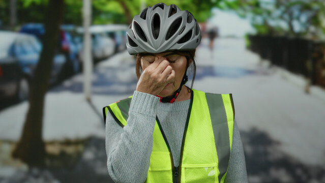 Senior woman wearing helmet and safety vest looking stressed on city street with blurred cars and trees in background, highlighting urban cycling safety and emotion.