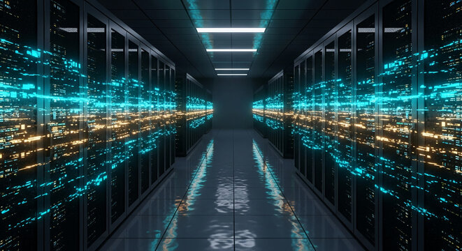 Dark server room, rows of racks, illuminated by teal and gold data streams, reflecting on polished floor, showcasing technological advancement and digital flow