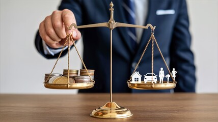 Budget personal finance background with balance scale showing coins on one side and family life expense icons on other side representing personal budget priorities