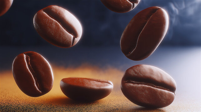 Floating coffee beans in motion on brown background, concept of aroma, caffeine and creativity in modern design.