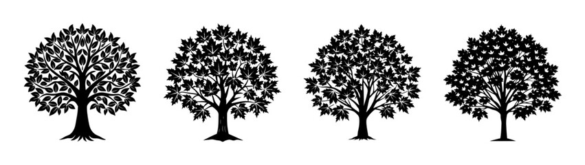 Obraz premium Vector illustration of four black and white trees silhouette for nature and landscape design use