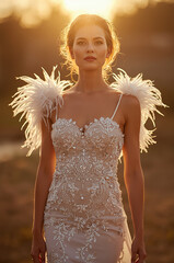 Photorealistic portrait of a beautiful bride in a white fitted wedding dress with feather shoulders, standing in a golden field at sunset. AI-generated image.