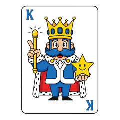 Cartoon king playing card with crown scepter and star holding a golden star
