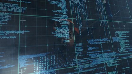 Basketball player jumping and dunking, scoring while blue code and green grid scrolling over rim - Powered by Adobe