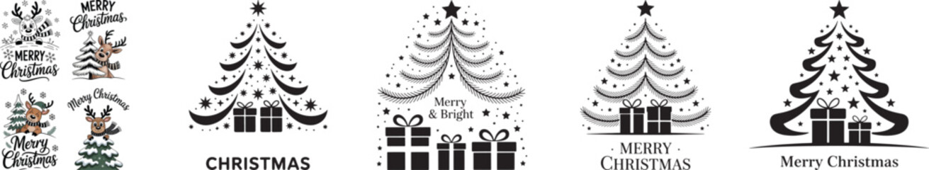 Minimalist Christmas Tree Silhouette with Gift Boxes and Holiday Elements Vector Design