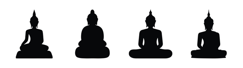 Four black silhouette buddha statues sitting in meditation poses on white