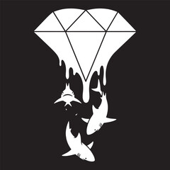 Melting diamond with sharks swimming downward in a surreal artistic illustration on black background