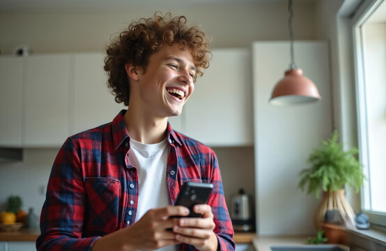 Young man with curly hair laughs holding phone indoors. Wears red plaid shirt, smiles widely looking away from camera, receiving good news sharing joke. In kitchen setting with natural light. Scene