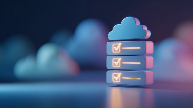 Three completed digital tasks stack beneath a cloud icon in a dimly lit digital environment - Powered by Adobe