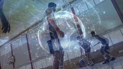Player dribbling and passing basketball in school gym team leaping to score under pulsing HUD globe - Powered by Adobe