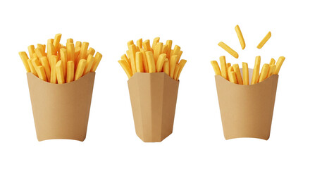 French Fries Perfection Three Brown Paper Packets Filled with Crispy Golden Fries Ready to Eat on transparent background