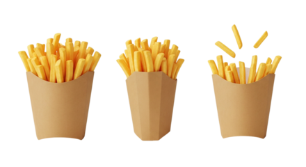 French Fries Perfection Three Brown Paper Packets Filled with Crispy Golden Fries Ready to Eat on transparent background