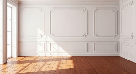 Fototapeta premium Timeless Elegance: Empty Room with Classic Wall Paneling and Sunlight on Hardwood Floors