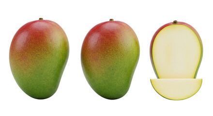 Fresh Ripe Mangoes Whole Halved and Sliced Tropical Fruit Still Life Exotic Food Photography on transparent background