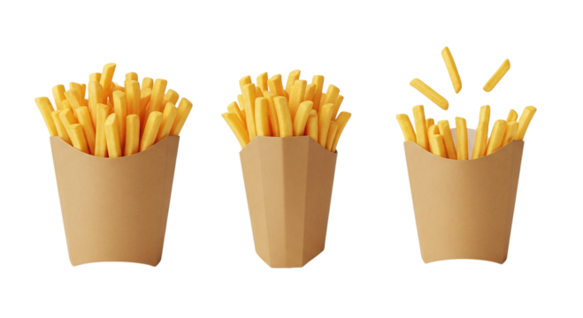 French Fries Perfection Three Brown Paper Packets Filled with Crispy Golden Fries Ready to Eat on transparent background