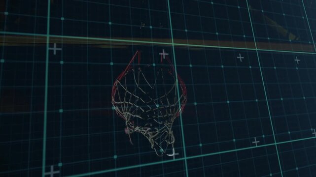 Wireframe hoop or net swinging as player rising lower left, shooting orange ball over teal grid for 