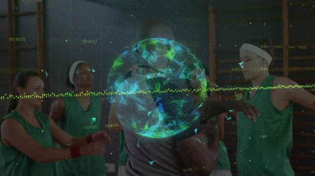 Coach raising arms, players mirroring warm-up in sports gym, globe and yellow waveform overlaying