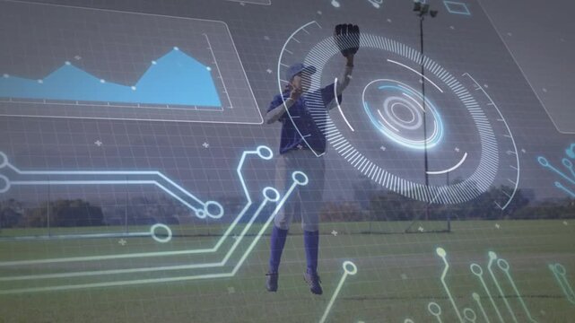 Female ballplayer scanning field, tracking fly ball, jumping to catch while HUD guiding sports tech