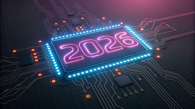 2026 Neon Circuit Board, Futuristic Tech New Year