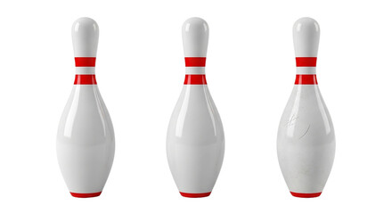 Bowling Pins Strike Three White Bowling Pin Red Stripes 3D Render Bowling Game Competition on transparent background