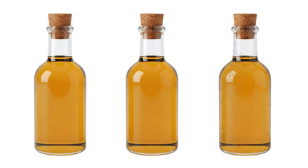 Amber Elixir Three Glass Bottles of Golden Liquid Cork Stoppers Vintage Beverage Still Life on transparent background